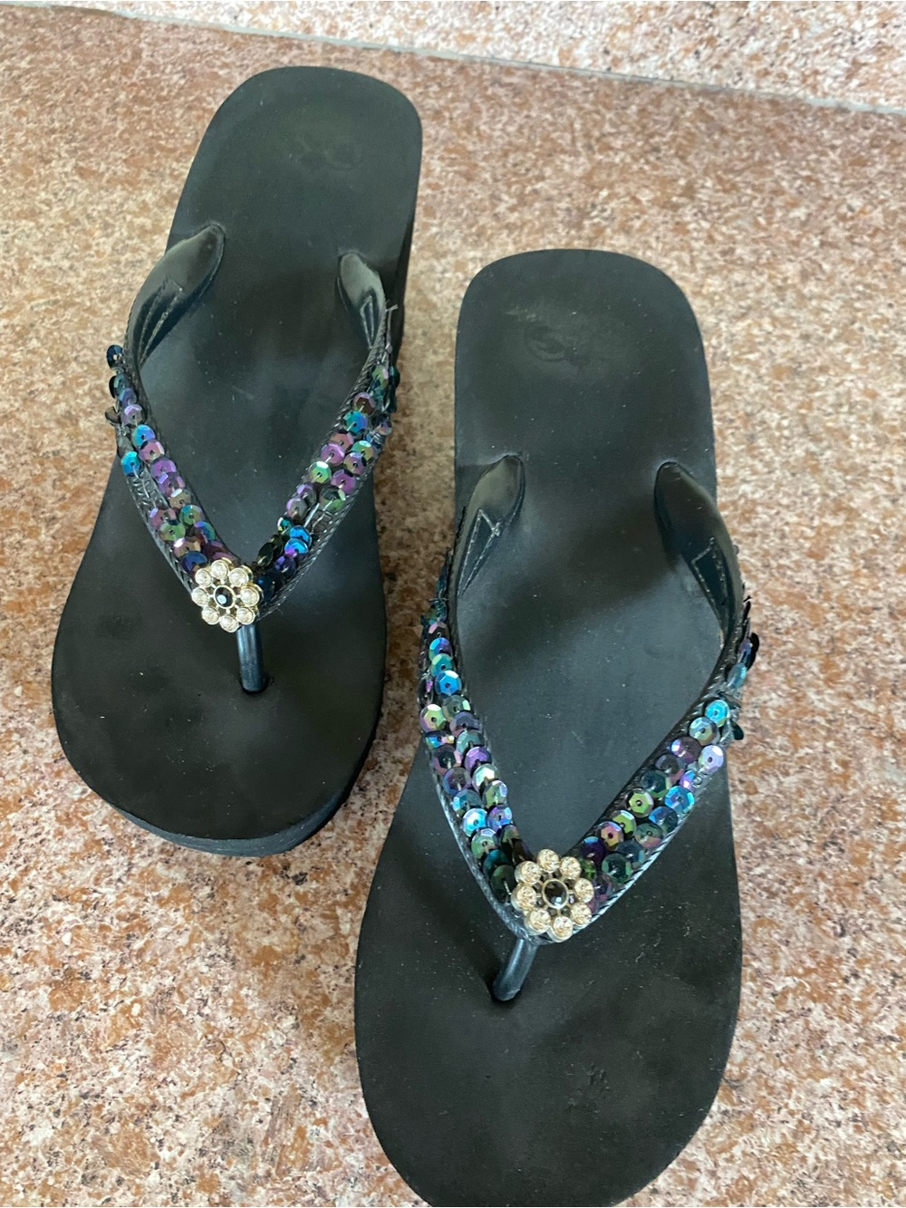 Women's Black Beaded Wedge Thong Sandals with Rhinestone Accent - Picture 2 of 9